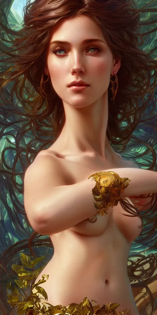 Image similar to Aphrodite, intricate, highly detailed, digital painting, artstation, concept art, smooth, sharp focus, illustration, Unreal Engine 5, 8K, art by artgerm and greg rutkowski and alphonse mucha