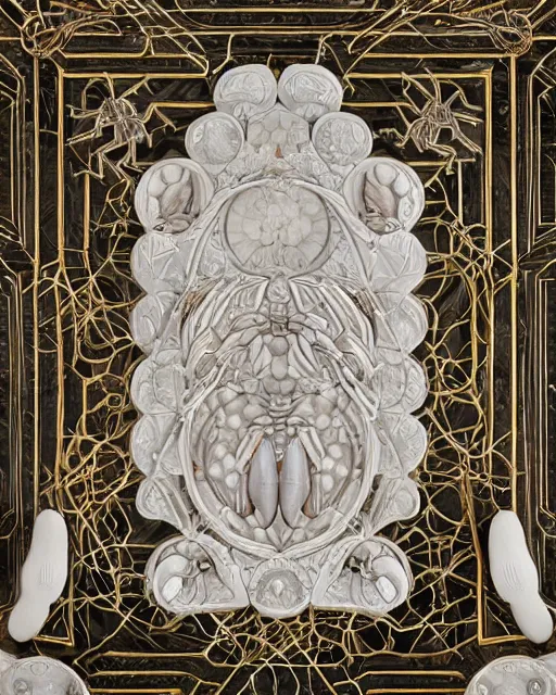 Image similar to symmetry, white marble, white marble bas relief sculpture, white pottery with gold kintsugi, feminine shapes, crabs, spiders, scorpions, tarantulas, stunning, highly detailed, intricately detailed, art nuevo, octane, 8 k, hdr, art by hr geiger and ridley scott and alphonse mucha, trending on artstation