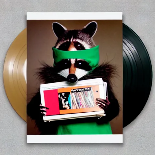 Image similar to medium shot, photo of a person in a detailed hyperrealistic raccoon mask, wearing a dark green hoodie, holding a pile of vinyl records, 8 0 - s, polaroid photo, by warhol,