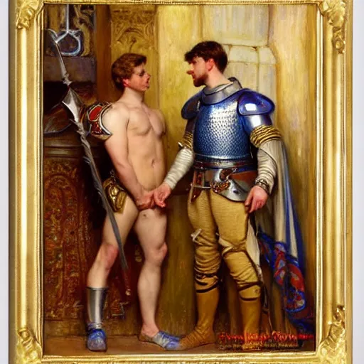 Image similar to attractive fully clothed arthur pendragon confesses his love for his attractive fully clothed male knight. highly detailed painting by gaston bussiere and j. c. leyendecker 8 k