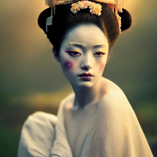 Prompt: photographic portrait of a stunningly beautiful renaissance female with geisha makeup in soft dreamy light at sunset, contemporary fashion shoot, by edward robert hughes, annie leibovitz and steve mccurry, david lazar, jimmy nelsson, breathtaking, 8 k resolution, extremely detailed, beautiful, establishing shot, artistic, hyperrealistic, beautiful face, octane render