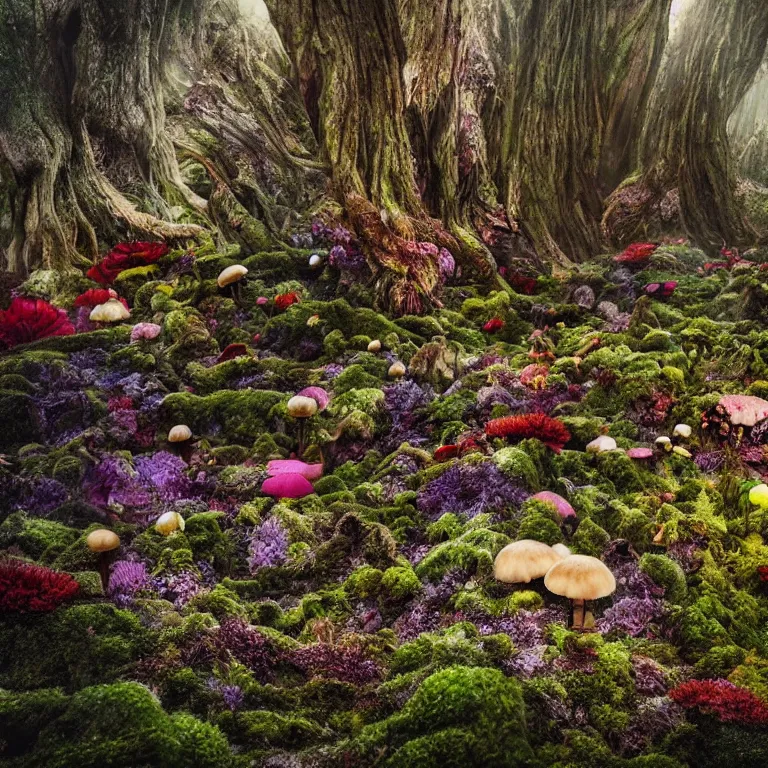 Image similar to a planet of various fungus, mushrooms, flowers and plants, inside the picture is infinity, Atmospheric, artistic photography, conceptual, long exposure outside the city, volumetric light