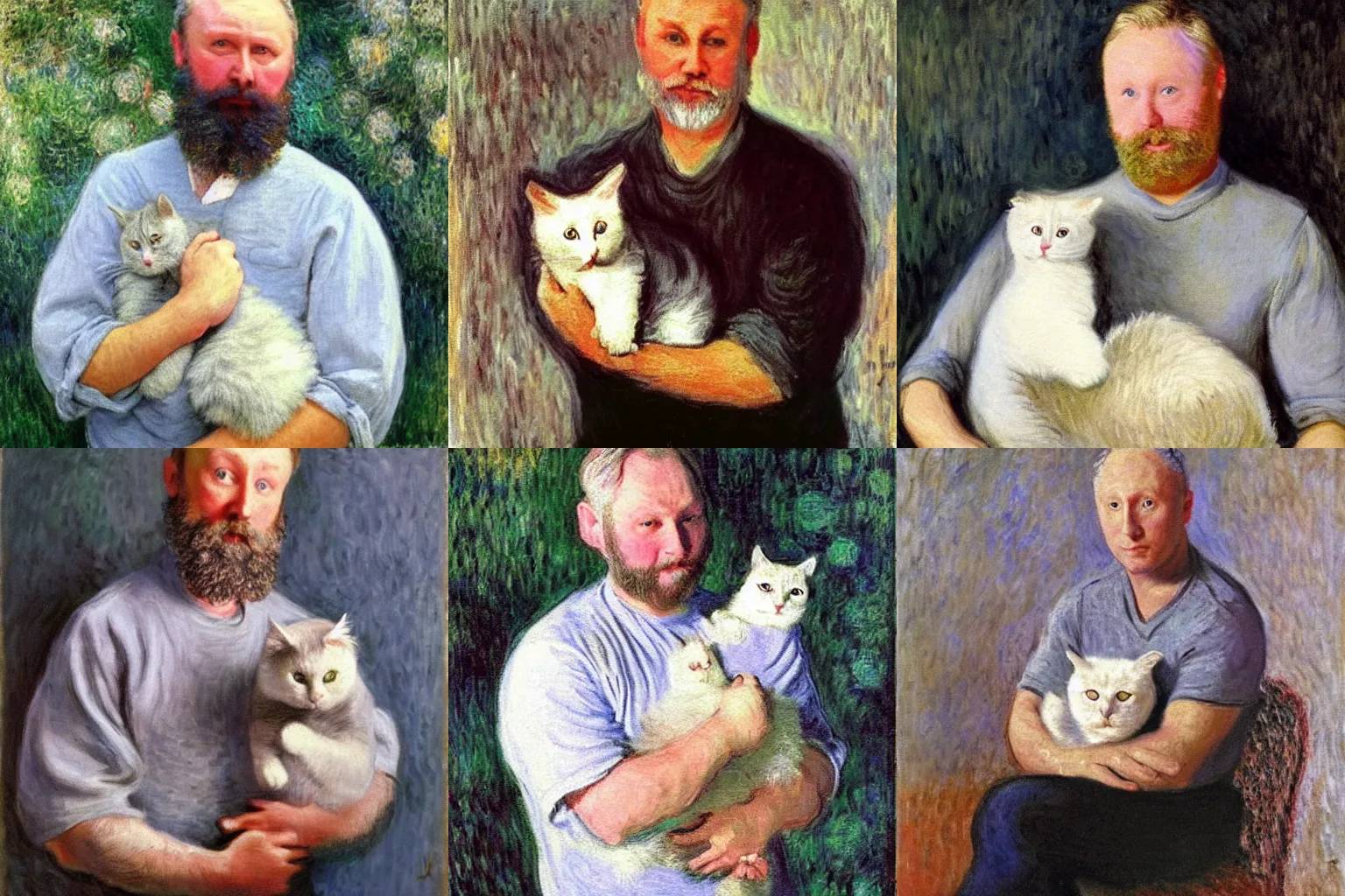 Prompt: a white man with dark grey hair that looks exactly like limmy wearing a grey tshirt cradling a white fluffy cat in his arms, oil painting by claude monet