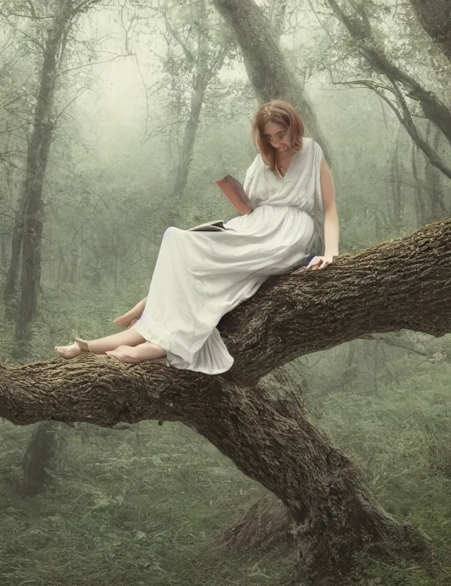 Image similar to Girl in white reading a book sitting on a tree in a foggy forest, Cinematic focus, Polaroid photo, vintage, neutral colors, soft lights, by Steve Hanks, by Serov Valentin, by lisa yuskavage, by Andrei Tarkovsky 8k render, detailed, oil on canvas