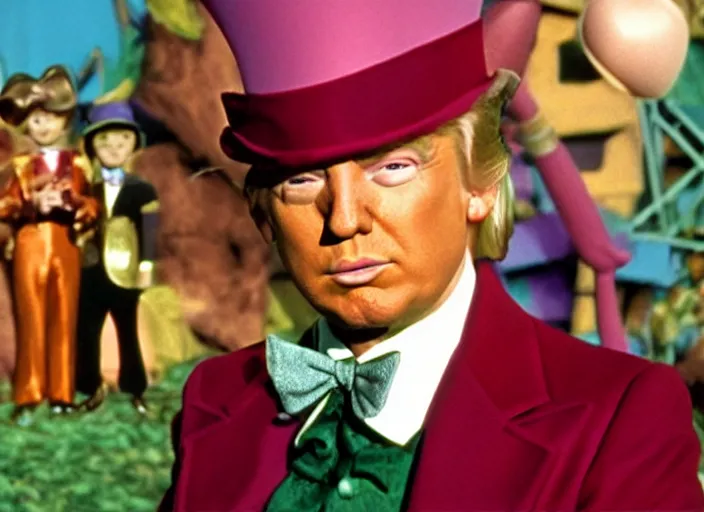 Image similar to film still of Donald Trump as Peter Pan in Willy Wonka's and the Chocolate Factory 1971