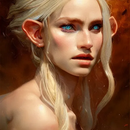 Prompt: A head-on detailed oil portrait of a distinguished elf woman with small curly copper horns, long blonde hair and bright irises, by greg rutkowski, trending on artstation, dungeon and dragons art