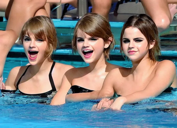 Image similar to emma watson and taylor swift and selena gomez swim together. perfect faces.