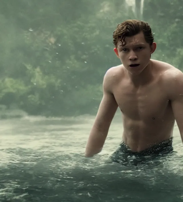 Prompt: tom holland as a mystical water creature, d & d, movie still frame, hd, remastered, film grain, cinematic lighting