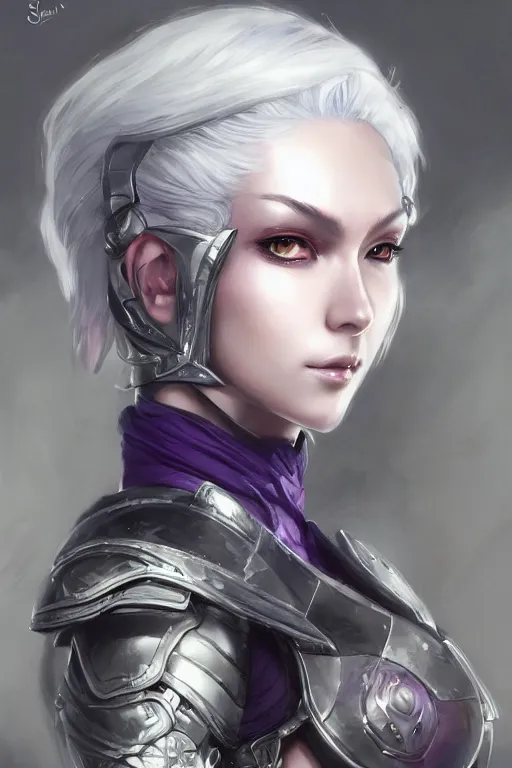 Image similar to A realistic anime portrait of a short white haired female rogue wearing an intricate medium armor, middle eastern, purple eyes, digital painting, by Stanley Artgerm Lau, Sakimichan, WLOP and Rossdraws, digtial painting, trending on ArtStation, SFW version