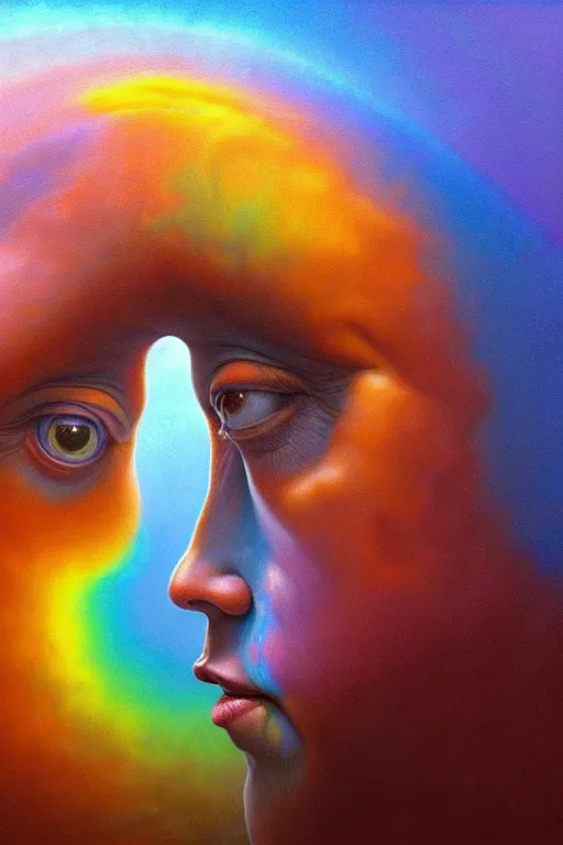 Image similar to hyperrealistic close-up Renaissance psychedelic!! celestial happy pure kind! creature!! peaceful! kind spirit of nature highly detailed concept art eric zener elson peter cinematic hard rainbow lighting high angle hd 8k sharp shallow depth of field, inspired by Zdzisław Beksiński