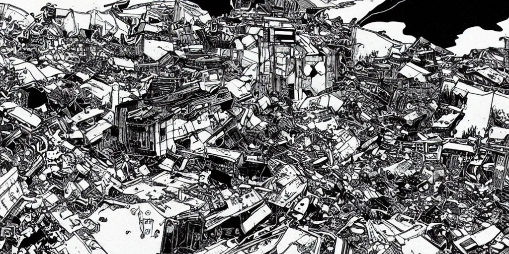 Prompt: Black and white drawing by Yukito Kishiro of a post-apocalyptic wasteland