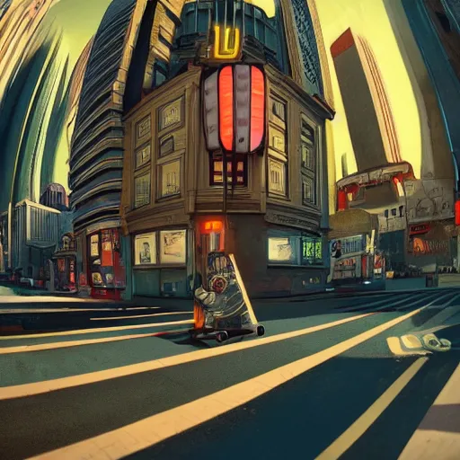 Prompt: 3 7 th century!!!!! utopian!!!!! town street, cinematic photography, futurism!!!!!, fisheye!!!!! lens, ( ( ( ( ( worm's - eye view ) ) ) ) ), illustrated by max hay, artstation, cgsociety contest winner, dramatic lighting, vignette