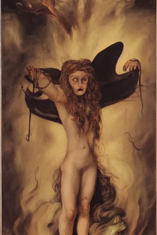 Prompt: the witch tarot card by roberto ferri and austin osman spare