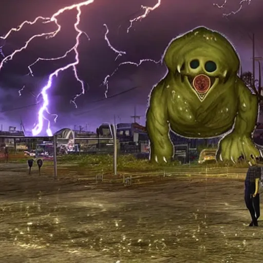 Prompt: big tentcle monster destroys a fallout city, while it is heavy raining radioactively with lightning everywhere