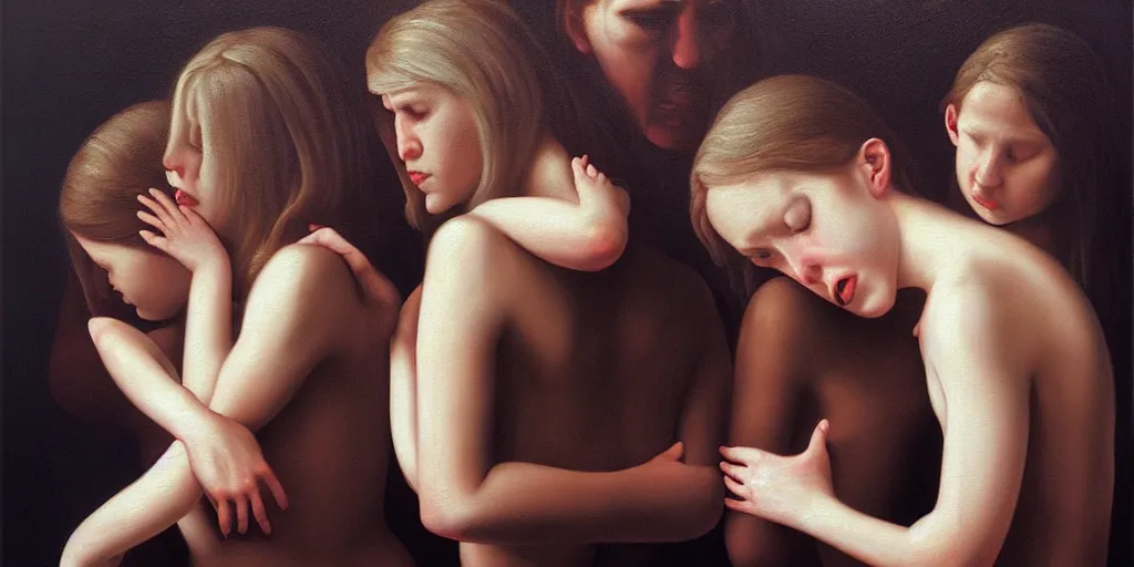 Image similar to the three fates pain pleasure suffering adventure love abstract oil painting by gottfried helnwein pablo amaringo