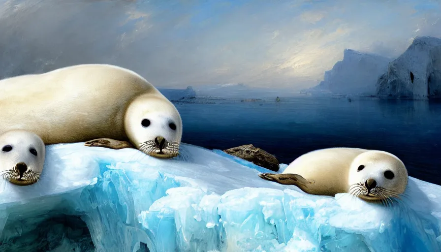 Image similar to highly detailed painting of cute furry white baby seal with antlers cuddling into each other on a blue and white iceberg by william turner, by greg rutkowski, by william constable, thick brush strokes and visible paint layers, 4 k resolution