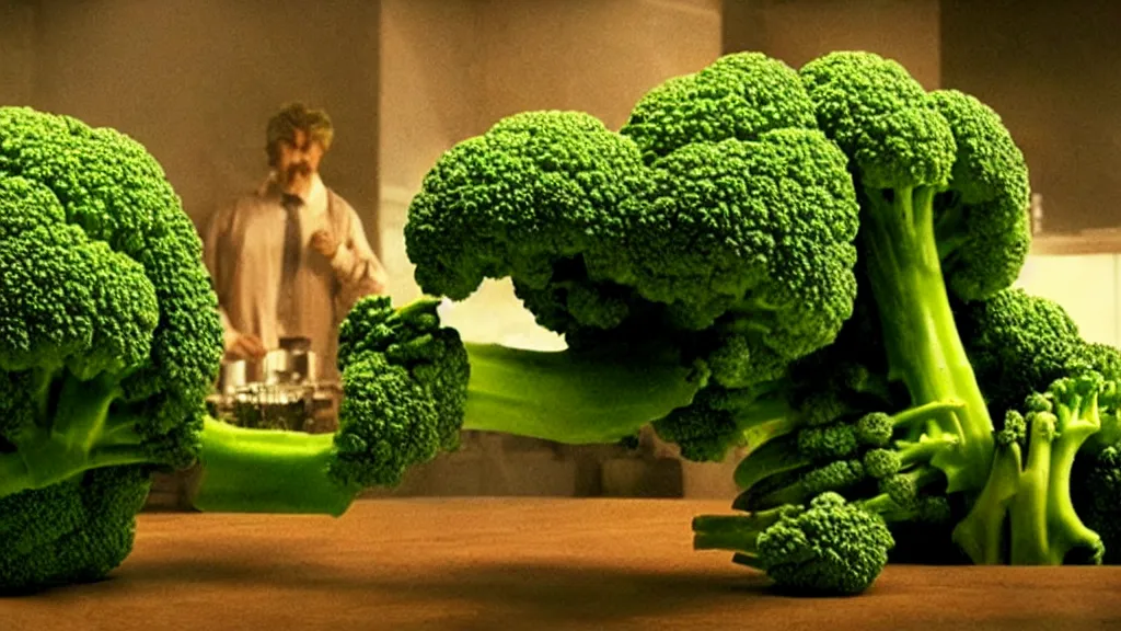 Image similar to the broccoli creature, film still from the movie directed by denis villeneuve and david cronenberg with art direction by salvador dali, wide lens