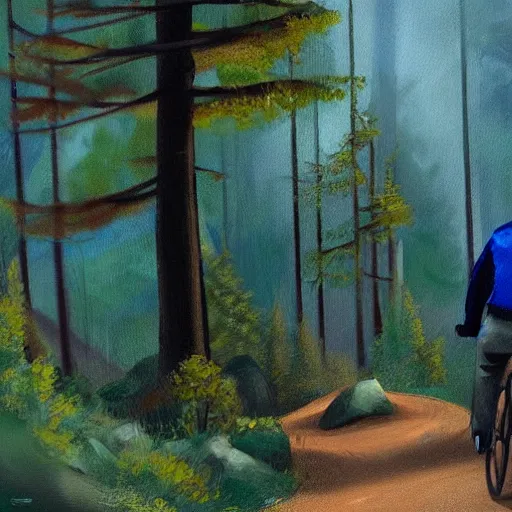 Image similar to man biking up a steep forest hill with a deep blue sweater. sweaty. Oil painting. Emotional. Trending on artstation. Steep. Nordic Trees. Rustic.