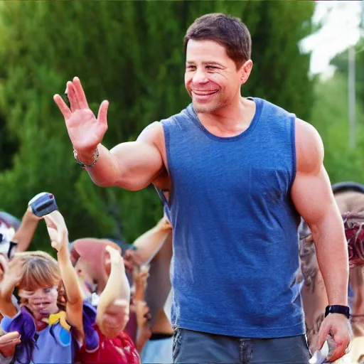 Prompt: a still of Mark Walberg waving