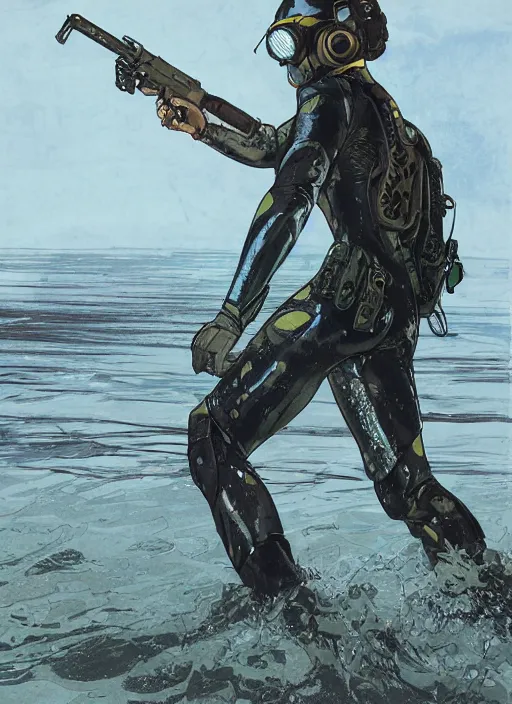 Image similar to Sara. USN blackops operator emerging from water at the shoreline. Operator wearing Futuristic cyberpunk tactical wetsuit and looking at an abandoned shipyard. Frogtrooper. rb6s, MGS, and splinter cell Concept art by James Gurney, Alphonso Mucha. Vivid color scheme.