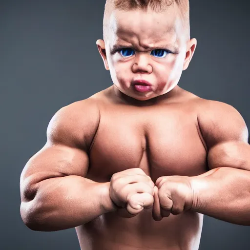 Image similar to huge muscles bodybuilder toddler, angry, ready to fight, clenched fists, red face, 2 years old, steroids, barrel chested, rippling muscles, huge veins, bulging muscles, ripped, award winning photography, high detail