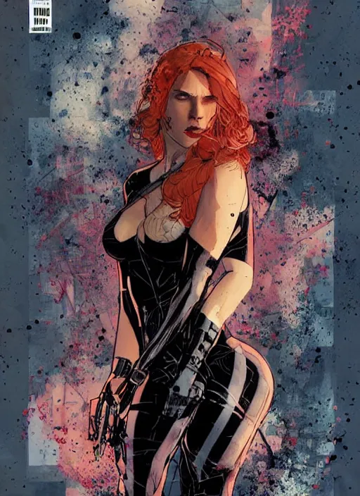 Image similar to comic cover art by david mack and greg rutkowski, black widow full body, tight fit, vivid vector colors, russian female, perfectly symmetrical facial features, hyperdetailed, bleed, spatter, india ink, bill sienkiewicz