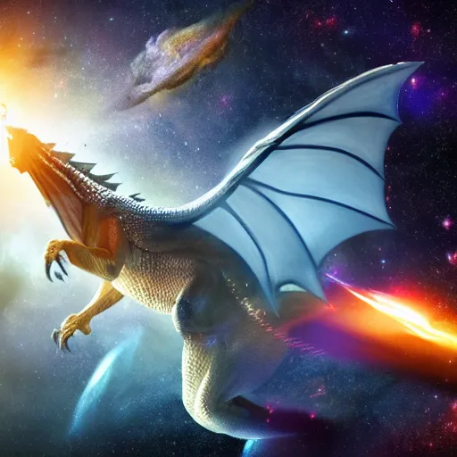 Prompt: a real dragon flying through space, galaxies, dlsr camera, hyper realistic, high definition, 4k