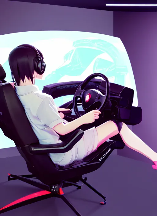 Prompt: portrait of cute girl driving on simracing simulator, personal room background, illustration concept art anime key visual trending pixiv fanbox by wlop and greg rutkowski and makoto shinkai and studio ghibli and kyoto animation, fanatec peripherals, playseat evolution, symmetrical facial features, gaming chair, ferrari, thrustmaster ts pc racer, curved monitor