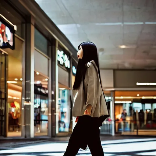 Image similar to a closeup portrait of woman walking in mall alone in style of 1990s, street photography seinen manga fashion edition, focus on face, eye contact, tilt shift style scene background, soft lighting, Kodak Portra 400, cinematic style, telephoto