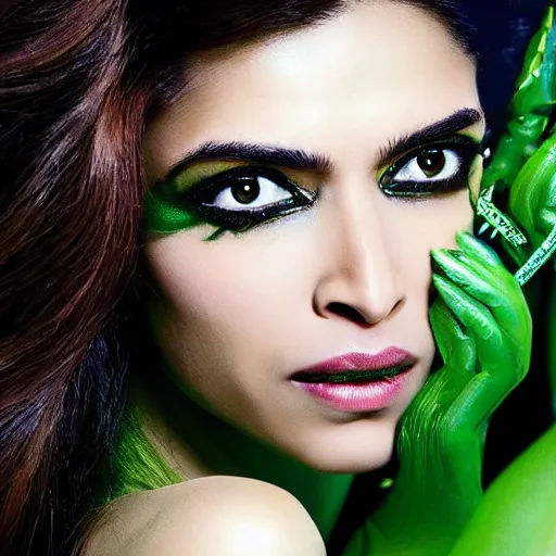 Image similar to A beautiful portrait of Deepika Padukone as Poison Ivy from Batman as a Versace fashion model Spring/Summer 2010, highly detailed, in the style of cinematic, Getty images, Milan fashion week backstage, Makeup by Pat McGrath, Hair by Guido Palau, Greg rutkowski