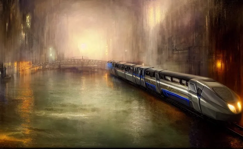 Image similar to an urban train rides inside of a waterway on a fantasy city. by artstation trending, by joseph mallord william turner, luis royo, konstantin razumov, cinematic lighting, fractal flame, highly detailed