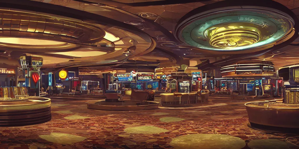 Prompt: fallout concept art neodeco las vegas casino interior render grim realistic lighting unreal engine 5