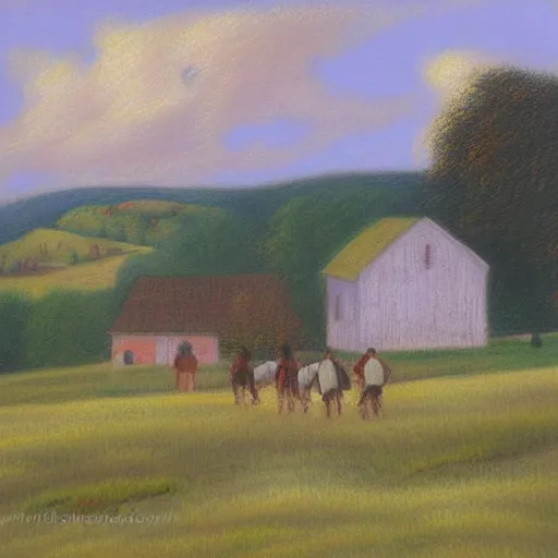 Image similar to Jefferson and Washington walking inside amish houses among hills and fields, pastel style painting