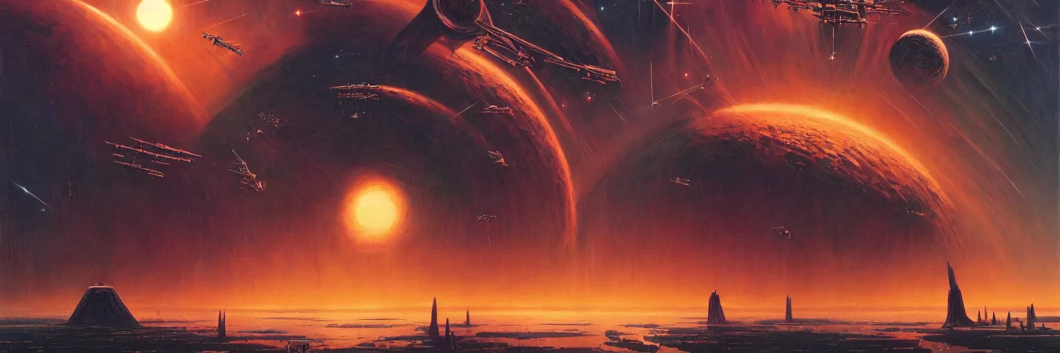 Prompt: an epic colossal intergalactic space station, by Dean Ellis, by Vincent Di Fate, by Bruce Pennington, by David A. Hardy, by Wayne Barlowe, masterpiece, oil on canvas, trending on artstation, featured on pixiv, cinematic composition, dramatic scene, beautiful lighting, sharp, high details, no frames, 8K