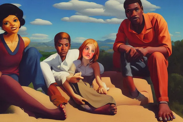 Prompt: beautiful painting of friends, beautiful faces, sitting on the edge, cute, soft light, digital painting by ralph mcquarrie and diane arbus and ernie barnes