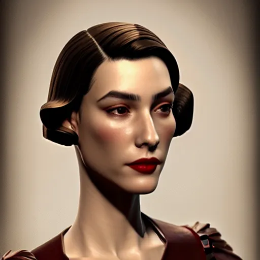 Image similar to A videogame portrait of a Spanish young woman with high cheekbones. Good bone structure. Dressed in 1940s style. Highly detailed, fine Art, high detail, great lighting, 8k resolution, masterpiece, concept art, illustration, clear eyes, painting oil on canvas, octane render, HDR, trending on artstation, 4k, 8k, HD