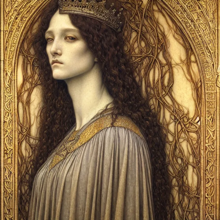 Image similar to detailed realistic beautiful young medieval queen face portrait by jean delville, gustave dore and marco mazzoni, art nouveau, symbolist, visionary, gothic, pre - raphaelite. horizontal symmetry