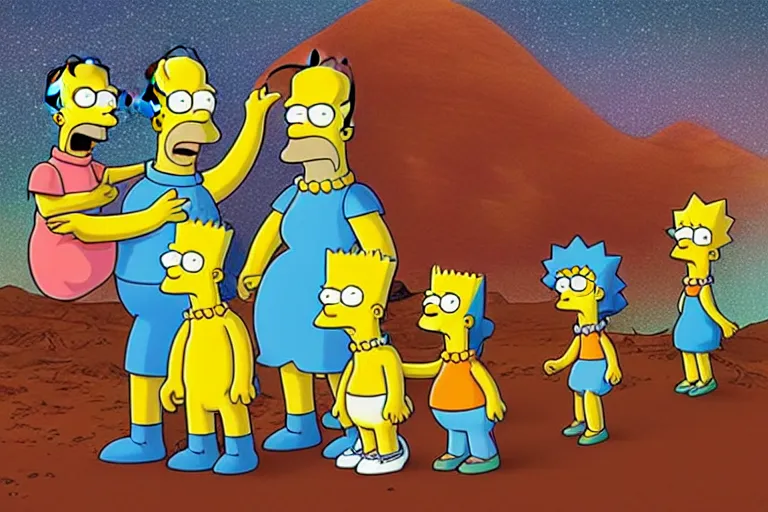 Prompt: a family photo of the simpsons in mars, funny