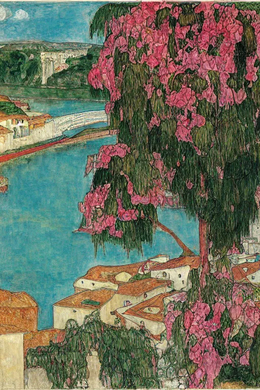 Prompt: a long river, tied bridge on local river, a lot of boat in river, 2 number house near a lot of palm trees and bougainvillea, summer, painting by egon schiele