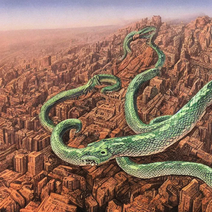 Prompt: A giant snake flying through the mountains, with a city in the background, inspired by the artwork of H. R. Giger and Zdzislaw Beksinski