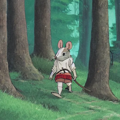 Image similar to an anthropomorphic mouse dressed in medieval clothing, studio Ghibli, walking through a lush forest