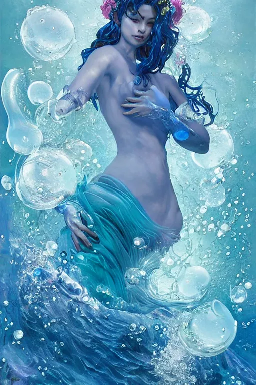 Prompt: epic 3 d yemaya, caring goddess, liquid hands and feet spinning, 2 0 mm, with cerulean and white ocean water waves, melting smoothly into asymmetrical bubbles and flowers, liquid, delicate, intricate, houdini sidefx, trending on artstation, by jeremy mann and ilya kuvshinov, jamie hewlett and ayami kojima