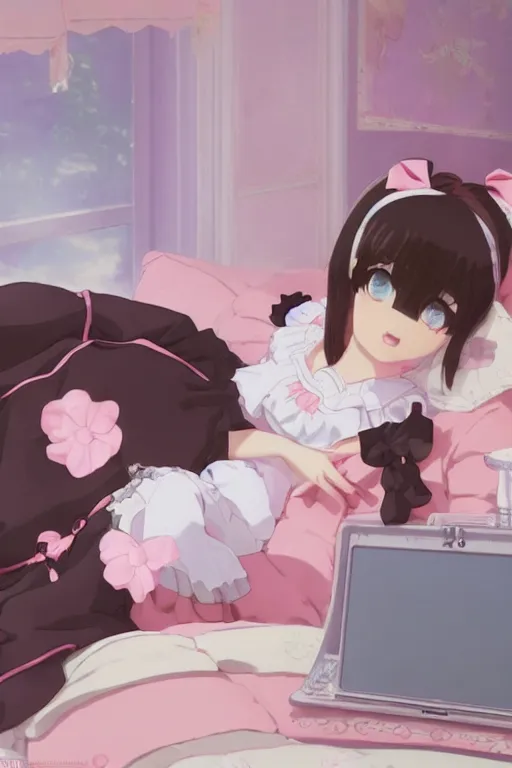 Prompt: a little girl in a maid outfit with dark brown hair in her pink bedroom on a princess sofa with stuffed animals programming on a laptop with a black screen, detailed eyes, 4 k resolution by krenz cushart and akihito yoshida and makoto shinkai