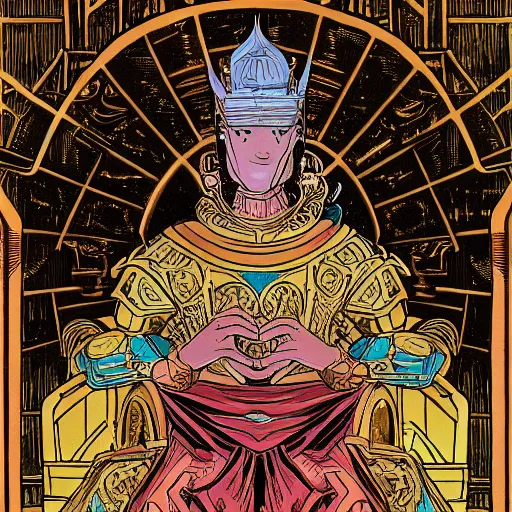 Prompt: a portrait o a god with a golden armor seated in a throne, moebius style