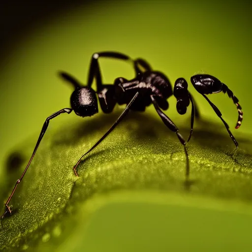 Image similar to robotic ant on a green leaf, macro photography, 8 k, moody lighting, shallow depth of field,