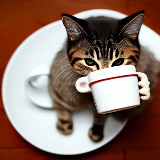 Prompt: cat is drinking cup of coffee