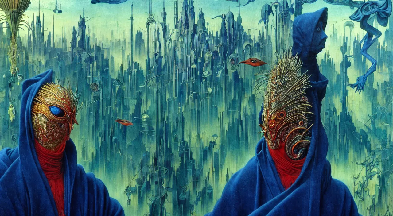 Image similar to realistic detailed portrait movie shot of a birdman wearing dark robes, sci fi city landscape background by denis villeneuve, amano, yves tanguy, alphonse mucha, ernst haeckel, max ernst, roger dean, masterpiece, rich moody colours, blue eyes, occult