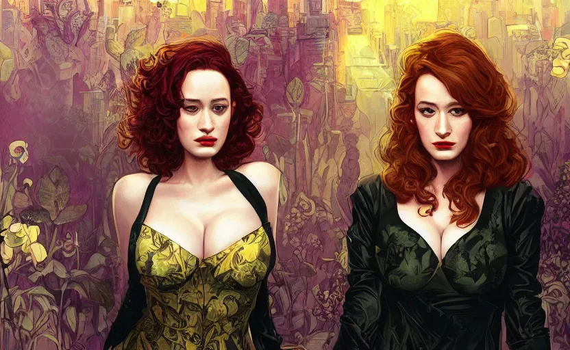 Prompt: sophisticated portrait of christina hendricks brie larson kat dennings, 1 9 8 0 s flower power, very smoky cyberpunk paris, elegance, highly detailed, shallow depth of field, artstation, artgerm, moebius, dark cyberpunk neon atmosphere, donato giancola and joseph christian leyendecker