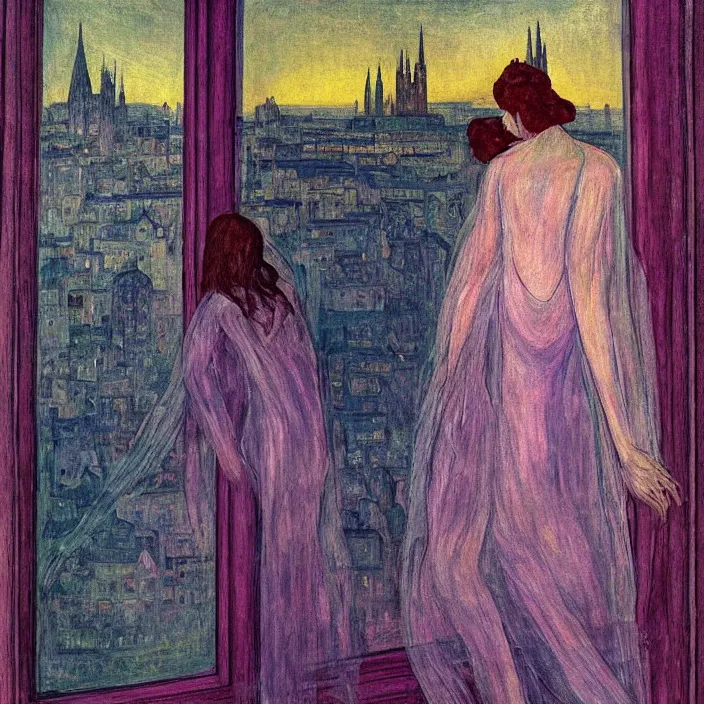 Image similar to woman in transparent vaporous night gown with demonic luminescent white apparition, with city with gothic cathedral seen from a window frame with curtains. night, vivid iridescent psychedelic colors, lamps. fra angelico, munch, egon schiele, henri de toulouse - lautrec, utamaro, monet, agnes pelton