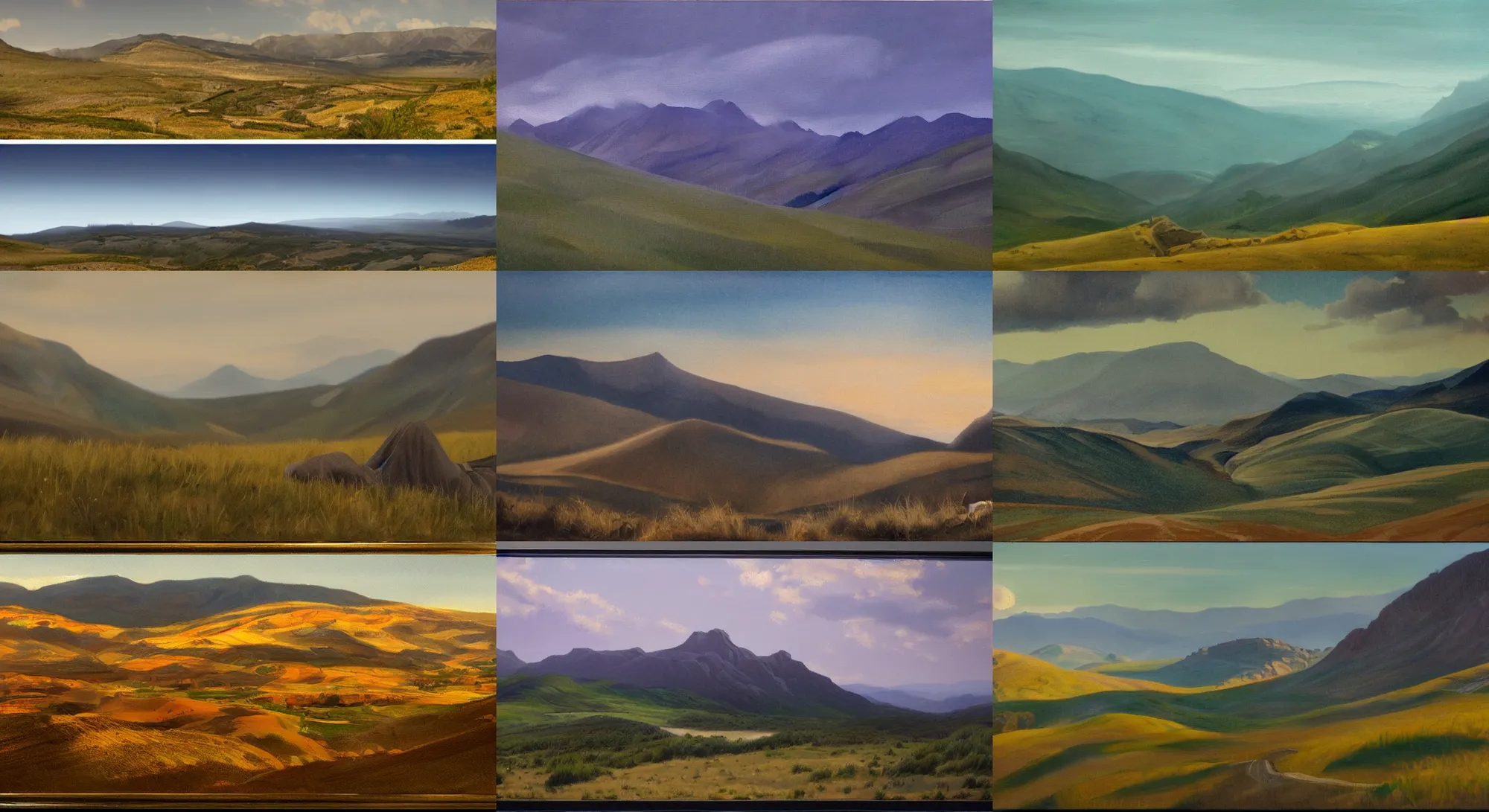 Prompt: epi composition, hills and mountains, shot from danis villeneuve movie, roger deakins filming, nightfall, painting in the style of frederick judd waugh and josh clare